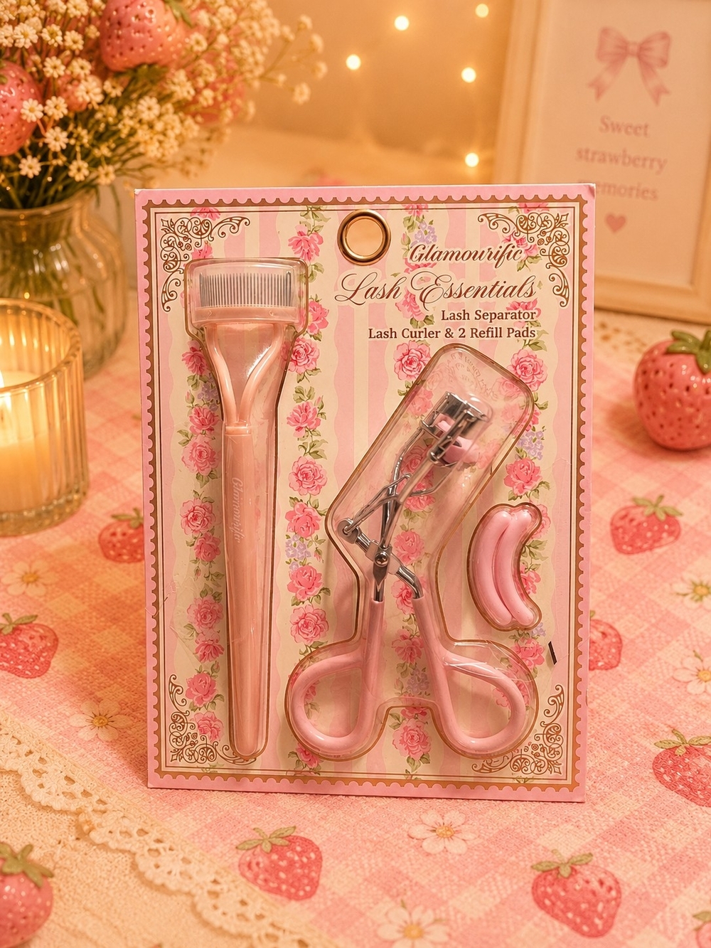 Pink Strawberry Cosmetic Pouch with Pink Eyelash Curler Set - Picture 3 of 3